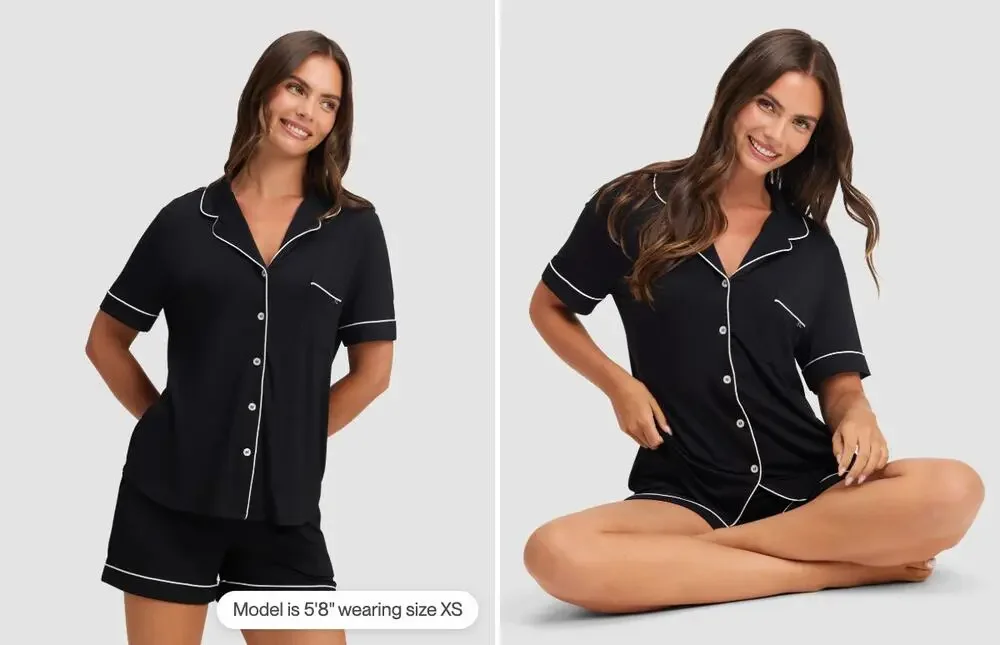 NWT Cozy Earth Women's Bamboo Stretch-Knit Short Sleeve Pajama Top Black Shorts